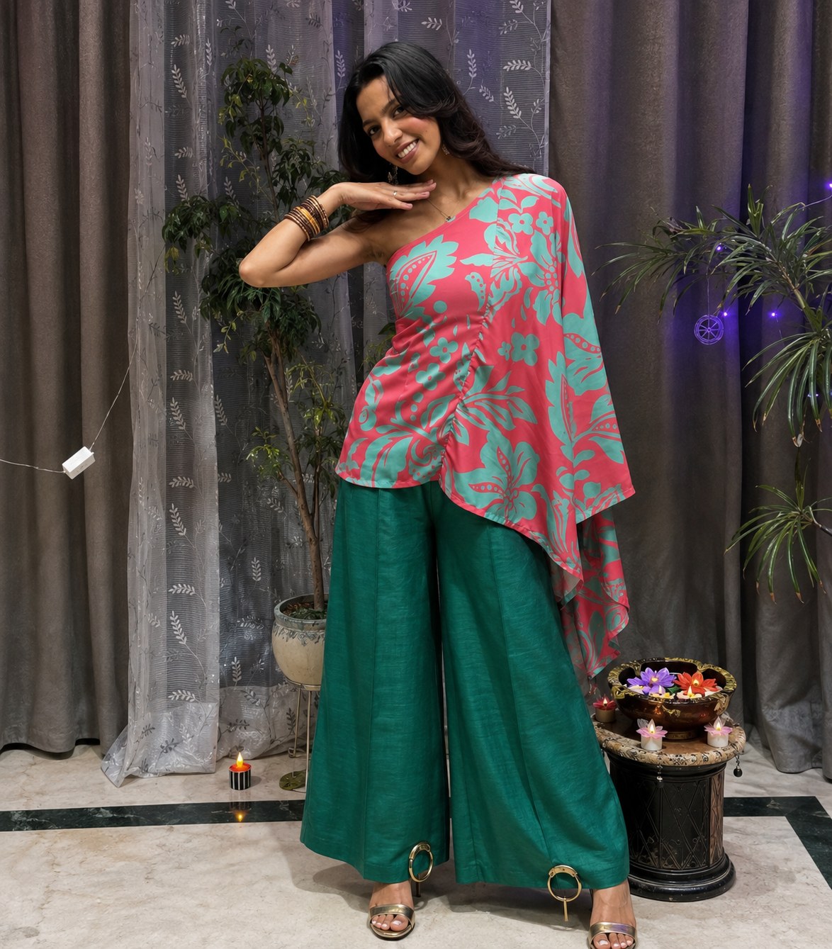 Off-Shoulder Cape Kurti — Blush Pink