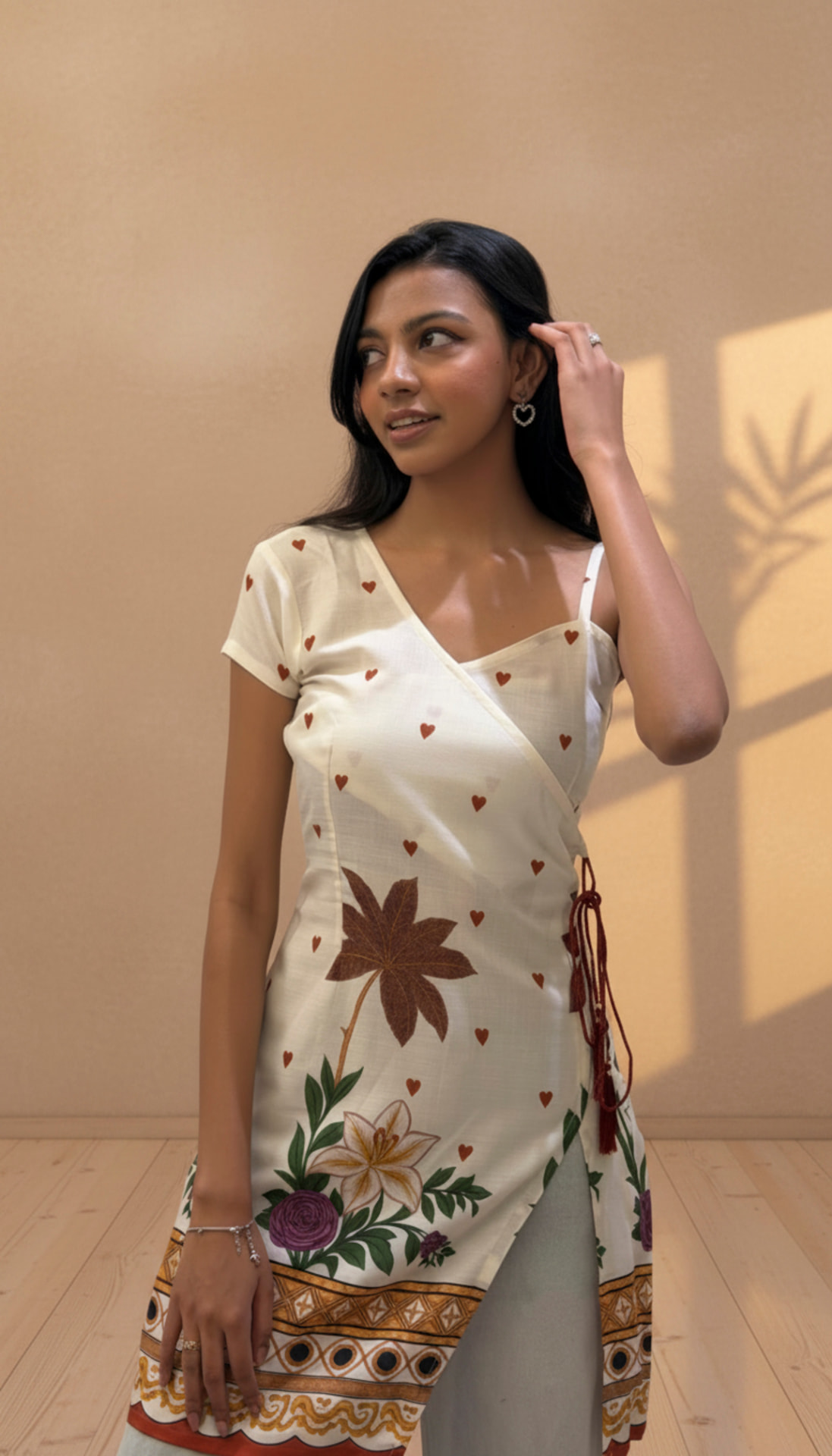 Heart Print Angrakha Wrap Kurti — Cream
